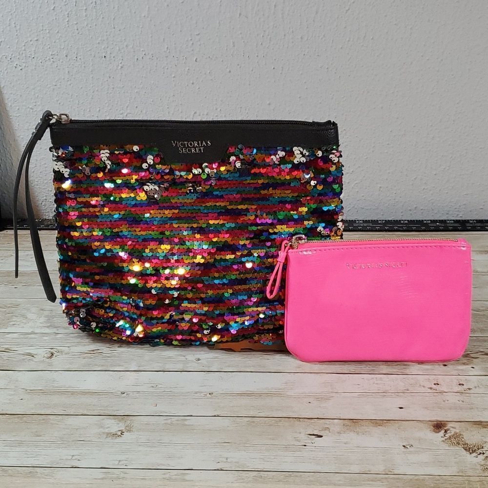 2 Victoria's Secret Bags Cosmetic & Change Purse Rainbow Sequin & Pink Pleather
